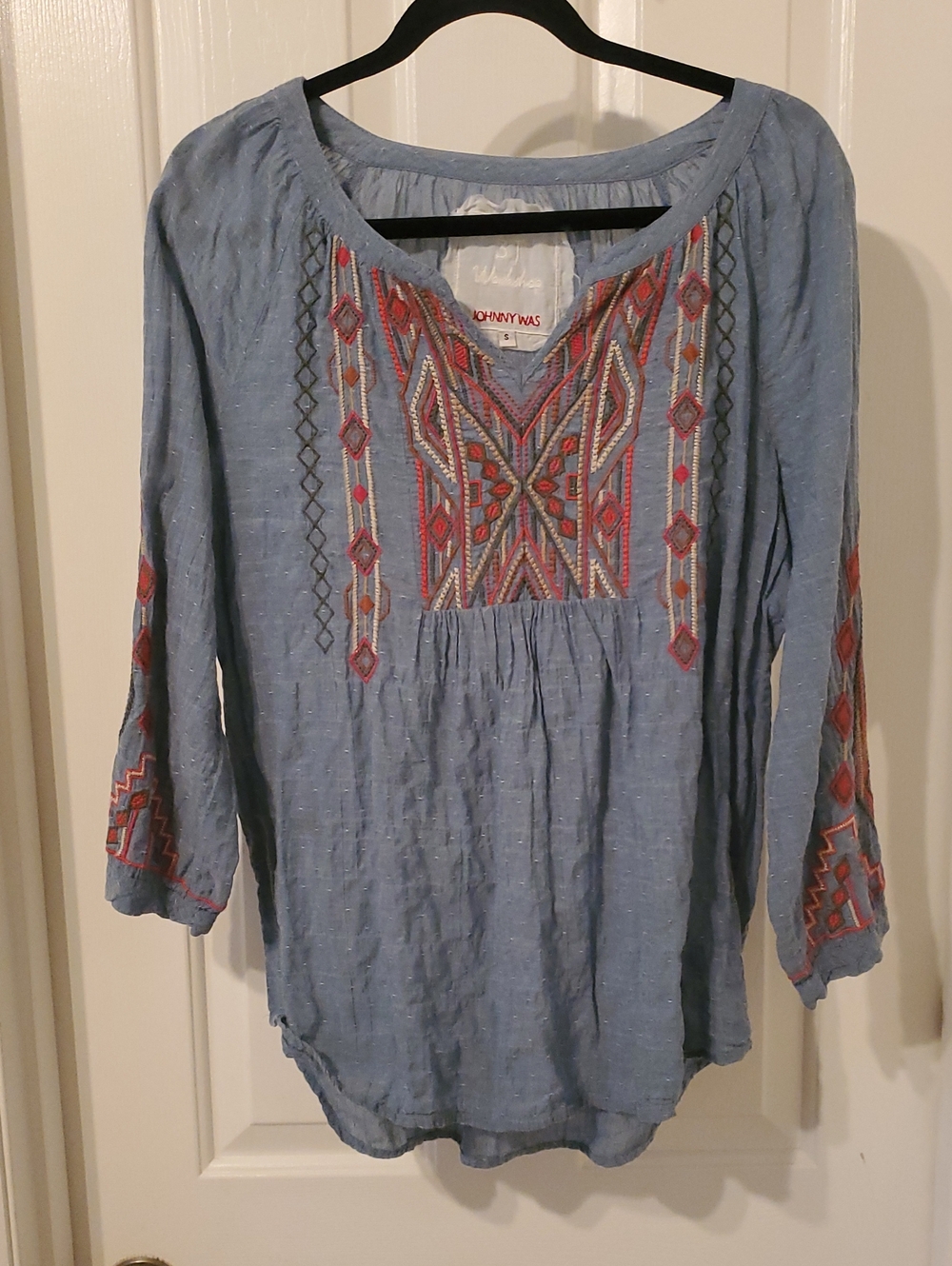 Johnny Was Sky Blue Embroidered Tunic Peasant Top